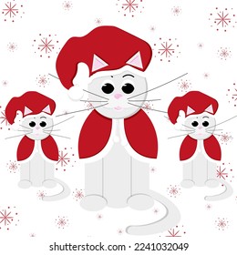 Christmas greeting card with symbol 2023 new year. White cat in the santa clause hat and cape. Marketing material. Website banner concept. Xmas postcard.