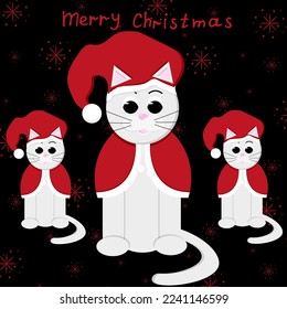 Christmas greeting card with symbol 2023 new year. White cat in the santa clause hat and cap with inscription merry christmas. Marketing material. Website banner concept. Xmas postcard.