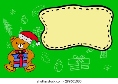 Christmas Greeting Card - Teddy Bear using Santa Claus Hat and Holding a Gift at Green Background 
