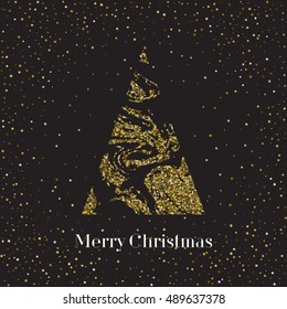 Christmas greeting card template. Abstract golden starry confetti background.