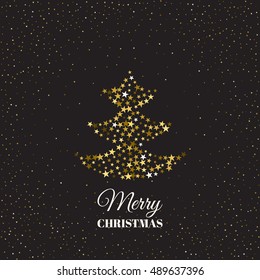 Christmas greeting card template. Abstract golden starry confetti background.