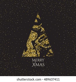 Christmas greeting card template. Abstract golden starry confetti background.