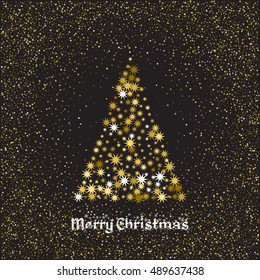 Christmas greeting card template. Abstract golden starry confetti background.