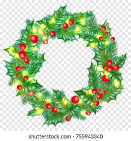 Christmas greeting card template background of holly leaf wreath and Christmas lights garland. Vector Christmas tree ornament or on New Year fir or pine tree decoration for winter holiday banner.
