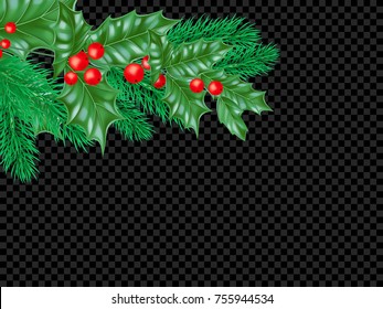 Christmas greeting card template background of holly leaf wreath and New Year fir or pine tree decoration. Vector Christmas tree ornament for New Year winter holiday festive sale black web banner.