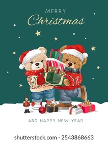 Christmas greeting card template with bear doll couple holding gift boxes vector illustration