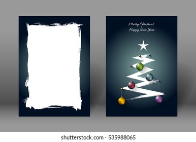 Christmas greeting card template with colorful christmas balls, abstract tree and snowflakes, flat shadow effect