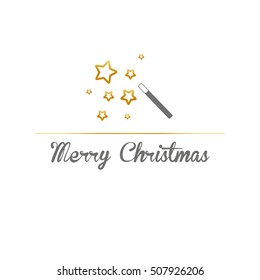 Christmas greeting card template and concept also can used for flyers, booklets, leaflets, ads with title Merry Christmas and magic wand with gold fallen stars different sizes