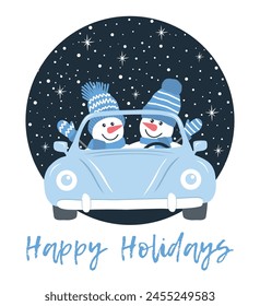 Christmas Greeting card template. Cute snowmen in light blue car. Snowmen waving their hands. Two snowmen in blue hats, scarves. Winter Vector illustration on dark blue background with snowfall