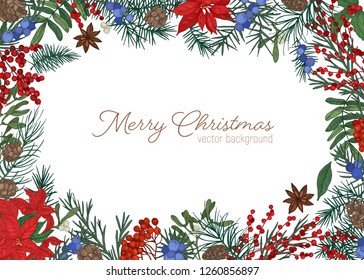 Christmas greeting card template decorated by branches and cones of coniferous tree, holly, mistletoe and juniper berries and leaves hand drawn on white background. Winter holiday vector illustration.