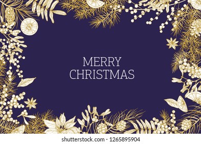 Christmas greeting card template decorated by coniferous branches and cones, mistletoe berries, orange slices and star anise hand drawn with contour lines on blue background. Vector illustration.