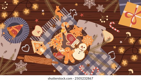 Christmas greeting card template with delicious homemade sweet cookies, table surface, garland with stars, pie and festive seasonal decorations lying on table. Top view. Vector flat illustration