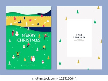 Christmas greeting card template design, people having fun playing and making snowman, village and mountain in background