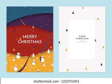 Christmas greeting card template design, a girl making snowman on the mountain