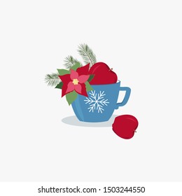 Christmas greeting card template design. Blue cup with branch pine and apple with poinsettia.