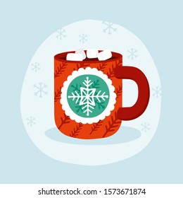 Christmas greeting card template design. Mug with hot cocoa or coffee,  Cup with marshmallows. Hand drawn illustration