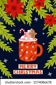 Christmas greeting card template design. Mug with hot cocoa or coffee,  Cup with marshmallows.Hand drawn illustration