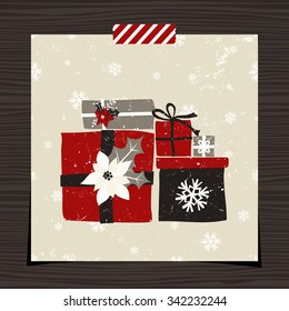 Christmas greeting card template design on wood background. A pile of Christmas presents on snowflake pattern background.