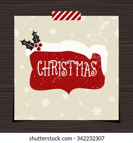 Christmas greeting card template design on wood background. Red sign with snow decorated with holly on snowflake pattern background.