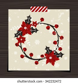 Christmas greeting card template design on wood background. Christmas wreath with berries, holly and poinsettias on snowflake pattern background.