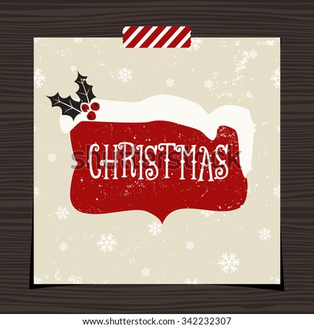 Christmas greeting card template design on wood background. Red sign with snow decorated with holly on snowflake pattern background.