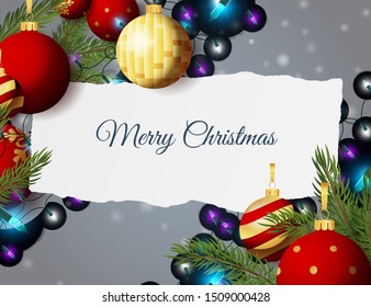 Christmas greeting card template with fir tree, hanging balls, fairy lights on blue background. Vector illustration for New Year posters, invitations and postcards design