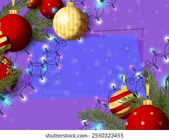 Christmas greeting card template with fir tree, hanging balls, fairy lights on purple background. Vector illustration for New Year posters, invitations and postcards design