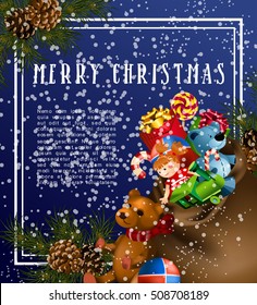 Christmas greeting card template with fir tree and vintage toy gifts. Vector illustration.
