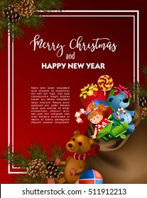 Christmas greeting card template with fir tree and vintage toy gifts. Vector illustration.