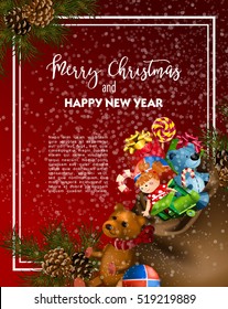 Christmas greeting card template with fir tree and vintage toy gifts. Vector illustration.