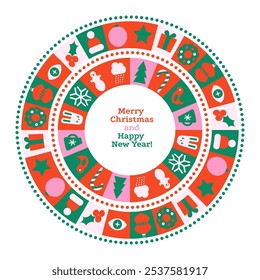 Christmas greeting card template with geometric pattern elements for Winter Holiday season. Trendy contemporary abstract design. Modern minimal Flat vector illustration. Round ornate composition