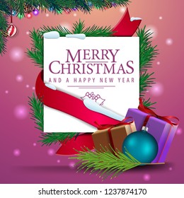 Christmas greeting card template with gifts. Red ribbon around a piece of paper with Christmas tree branches
