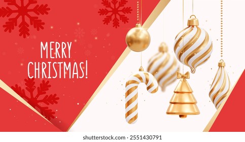 Christmas greeting card  template. With gold and white decorations: baubles, tree ornaments, candy cane, and snowflakes on a red background