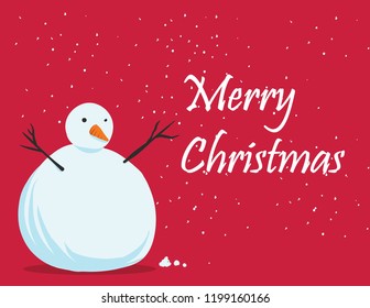 Christmas greeting card template  of a happy snowman in a snow drop with red background