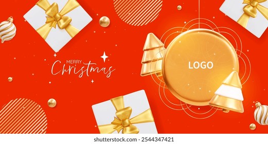 Christmas greeting card template for inserting your brand logo. Top view vector flyer