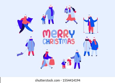 Christmas greeting card template with lettering. Modern flat people characters dressed in winter clothes. New Year preparing, active recreation, winter holidays concept. Vector seasonal illustration.