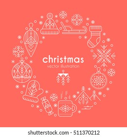 Christmas greeting card template with outlined signs forming a ring. White and red color palette. Minimalistic design layout. Creative tribal line style background