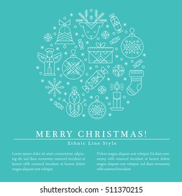 Christmas greeting card template with outlined signs forming a circle. Blue and white color palette. Minimalistic design layout. Creative tribal line style background