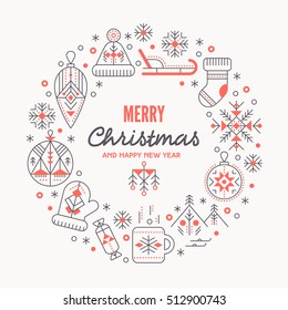 Christmas greeting card template with outlined signs forming a ring. Black and red color palette. Minimalistic design layout. Creative tribal line style background