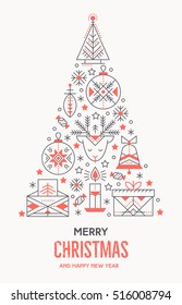 Christmas greeting card template with outlined signs forming a tree. Black and red color palette. Minimalistic design layout. Creative tribal line style background