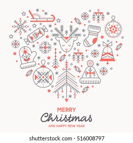 Christmas greeting card template with outlined signs forming a heart. Black and red color palette. Minimalistic design layout. Creative tribal line style background