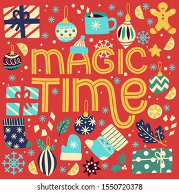 Christmas greeting card template with present, branch, snowflake, sock, mistletoe, tree toy, candy cane on red background. Magic time lettering. Hand written vector illustration