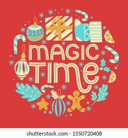 Christmas greeting card template with present, branch, snowflake, sock, mistletoe, tree toy, candy cane on red background. Magic time lettering. Round shape vector illustration