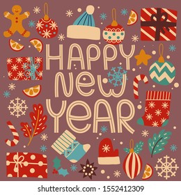 Christmas greeting card template with present, branch, snowflake, sock, mistletoe, tree toy, candy cane on brown background. Happy new year lettering. Hand written vector illustration