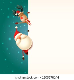 Christmas greeting card template. Santa Claus and Reindeer peeking behind board snowy background