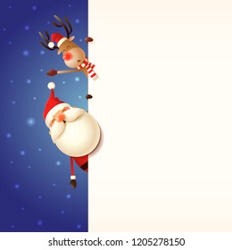 Christmas greeting card template. Santa Claus and Reindeer peeking behind board on blue snowy background