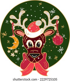 Christmas greeting card template with santa deer in a bow doodle style