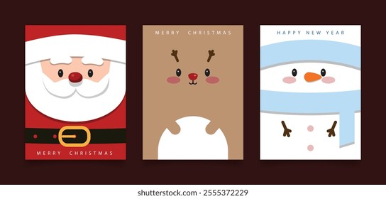 Christmas greeting card template with Santa Claus, Rudolfu, and snowman.  Vector illustration.