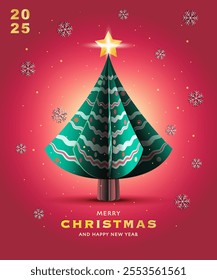 Christmas greeting card template set with paper cut-out Christmas trees on red background. Modern Trendy Christmas Card. Perfect for banner, poster, cover design and festive decoration.