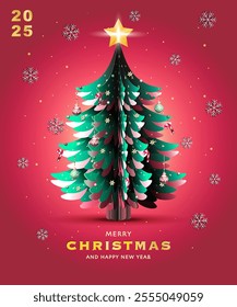 Christmas greeting card template set with paper cut-out Christmas tree, candy canes and Christmas balls on red background. Modern Trendy Christmas Card. Perfect for banner and festive decoration.